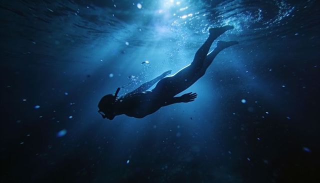 Silhouette snorkeler gliding underwater with sunrays and bubbles in deep blue ocean