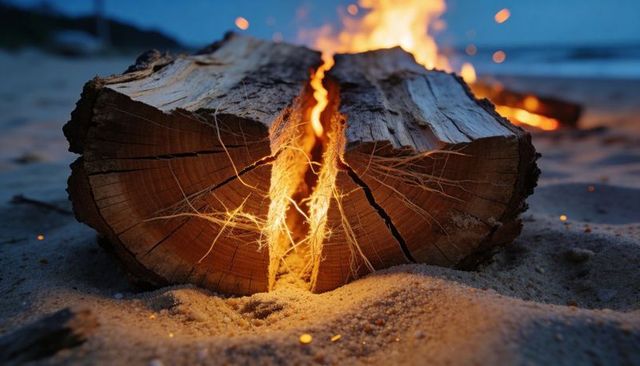 Glowing split log bonfire on sandy beach at dusk revealing ember-filled crack