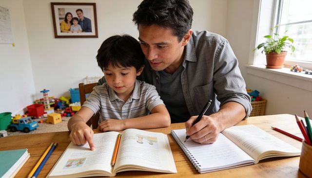 Father helping son with homework at home study table, homeschooling and family learning