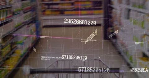 Augmented reality shopping cart navigating supermarket aisle with digital price overlay
