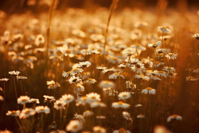 This captures a warm summer sunset casting a golden glow over a field of daisies in the countryside. The soft, serene atmosphere of the blooming wildflowers makes it ideal for wall art, nature blogs, travel brochures, or content that emphasizes tranquility and beauty. Perfect for use in projects that aim to create a calm and peaceful mood.