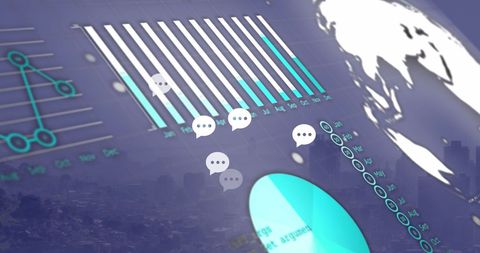 Digital interface displaying world business and data analysis
