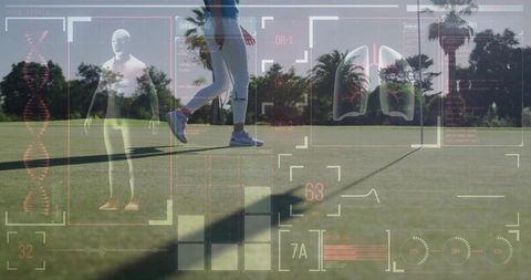 Woman in sportswear walking on green with futuristic health hud