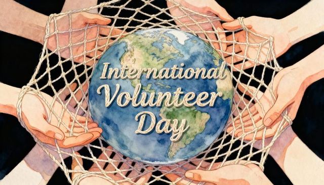 Hands holding painted globe in rope net featuring international volunteer day lettering