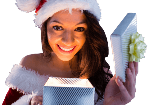 Festive caucasian woman opening gift on transparent background