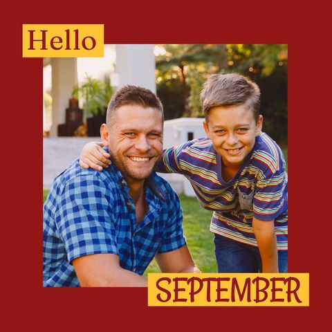 Father and son outdoor portrait with september greeting