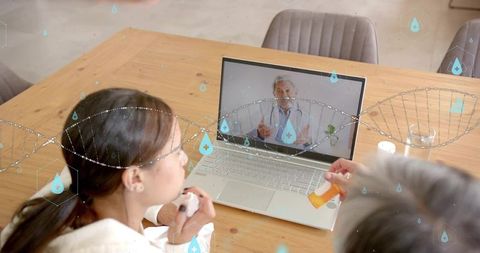 Teenager holding inhaler watching online doctor consultation with caregiver at home