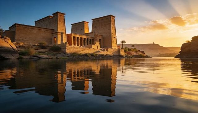 Golden hour reflection on ancient nile temple with pylons, colonnade and palm silhouettes