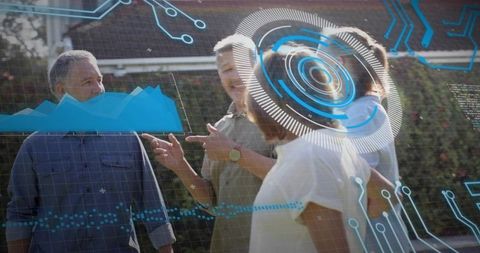 Multigenerational Neighbors Standing and Chatting in Suburban Backyard with Futuristic AR HUD