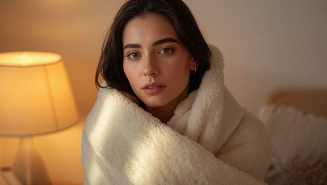 Woman wrapping herself in cream sherpa blanket relaxing by warm bedside lamp