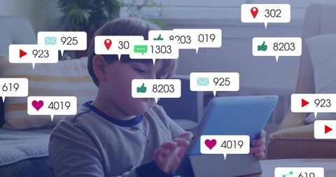 Child Engaged with Tablet Surrounded by Digital Notification Icons