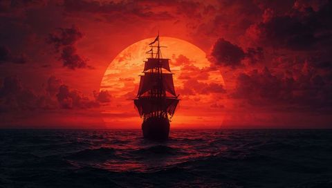 Majestic sailing ship against crimson sun as ocean expedition begins