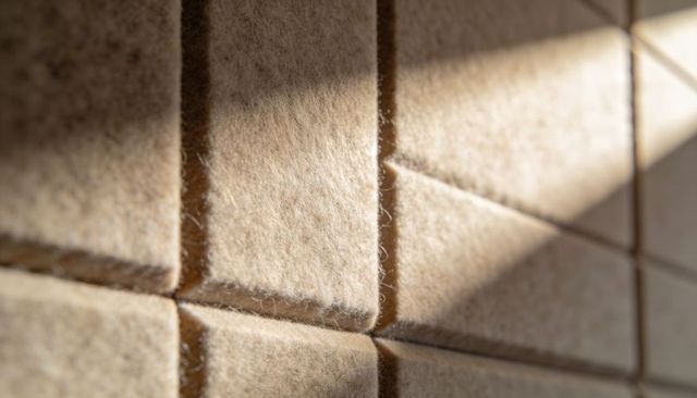 Beige tufted felt panels showing soft fiber texture, acoustic tiles, diagonal sunlight