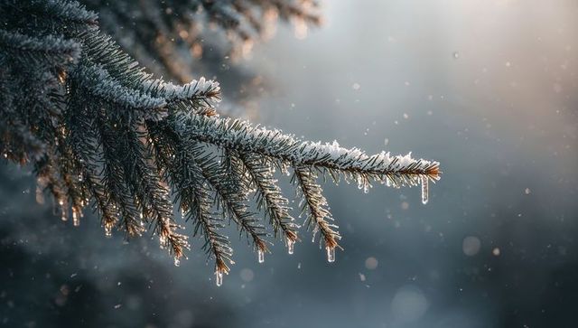 Spruce branch glistening with hoarfrost and icicles in warm rim light