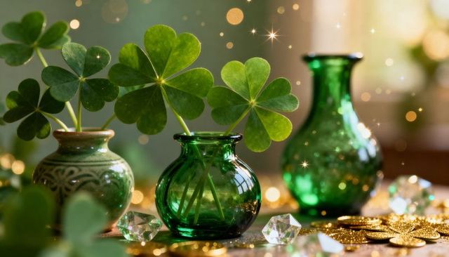 Displaying shamrocks in emerald glass vases with gold coins, crystals and sunlit bokeh