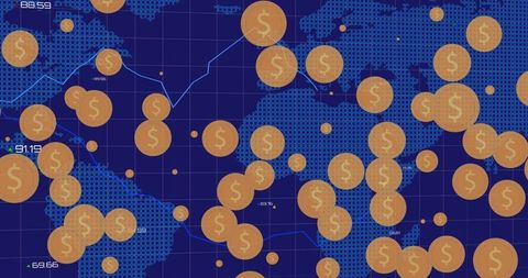 Global Financial Data Visualization with Coin Icons on World Map