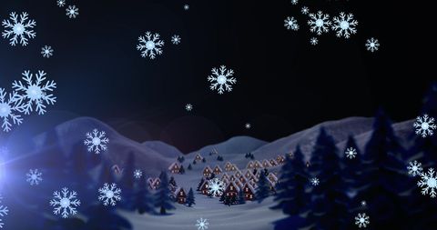 Snowflakes Falling Over Cozy Village in Winter Wonderland