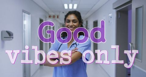 positive atmosphere text overlay on confident female doctor - Download Free Stock Images Pikwizard.com