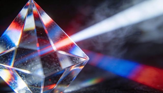 Crystal prism refracting rainbow light beams with smoky haze macro vibrant abstract art