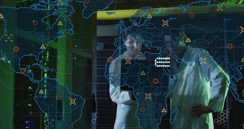 Researchers analyzing holographic world map above server racks for security analytics