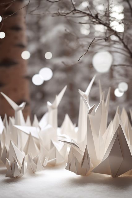 White origami forest and animals in winter with snow, created using generative ai technology. Nature, seasons, wildlife and paper craft concept digitally generated image.