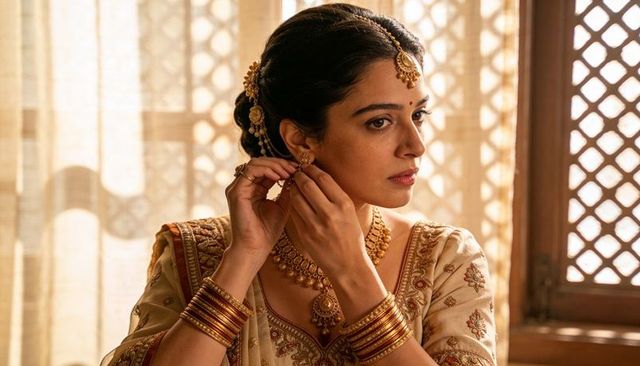 Indian bride adjusting gold earring wearing embroidered sari and maang tikka
