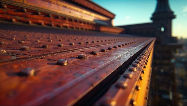Sunlit Rusty Rooftop Deck with Ornate Tower at Sunset