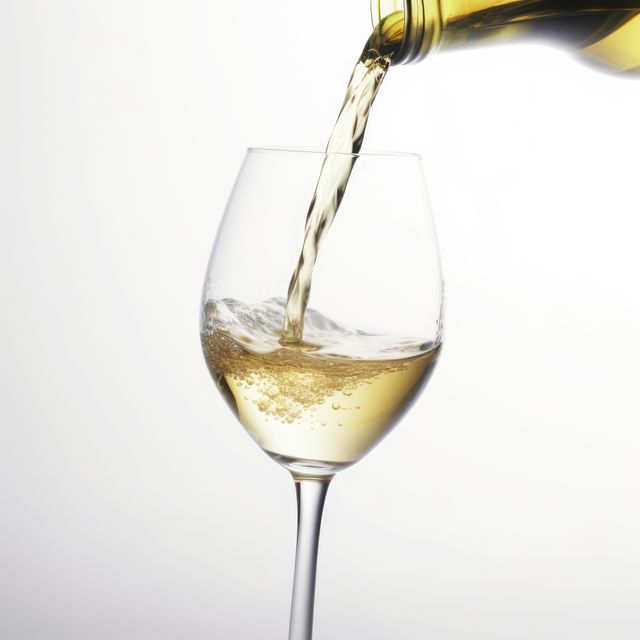 Displays white wine being poured into a glass, showing bubbles and liquid motion. Ideal for use in food and drink advertisements, restaurant promotions, menu designs, or wine-tasting events. Works well for articles or blogs about wine culture or lifestyle content.