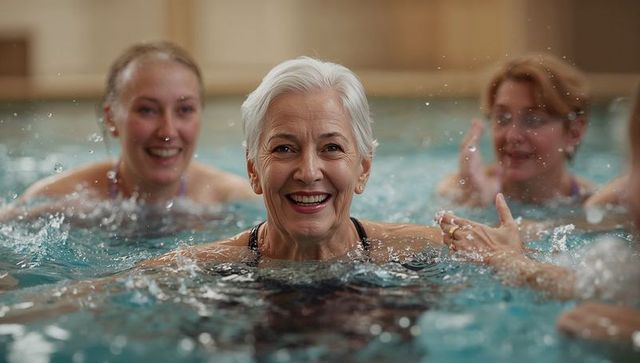 Cheerful senior women enjoying water aerobics in pool