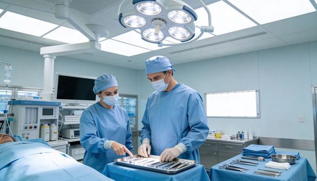 Surgical team preparing instruments on sterile tray under bright operating room lights