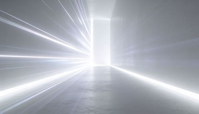 Futuristic white corridor glowing with radiant doorway and led light trails
