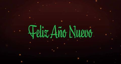 Feliz año nuevo green glitter script glowing over maroon bokeh background with gold sparkles