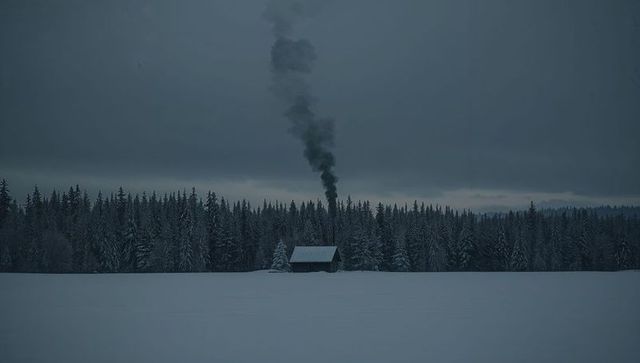 Solitary cabin emitting dark smoke at snowy forest edge, remote winter landscape