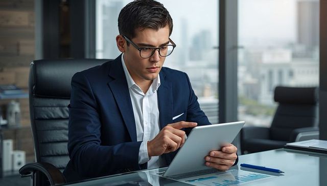 Young professional using tablet in modern executive office studying financial charts today