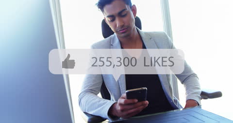 Businessman Checking Social Media on Smartphone with Digital Elements