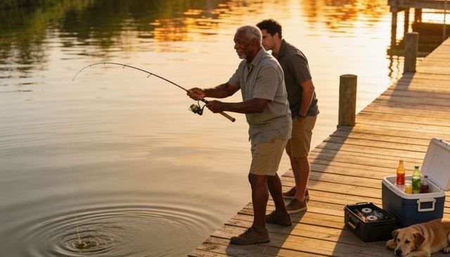 Sunset dock fishing with senior father and son reeling catch on wooden pier