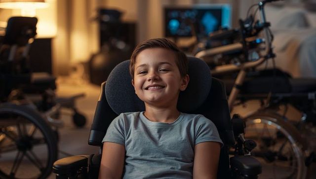 Smiling school-age boy sitting in powered wheelchair with padded headrest and lamp glow