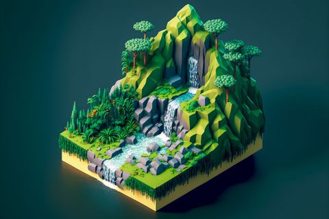 Stylized isometric landscape design with waterfalls and lush vegetation