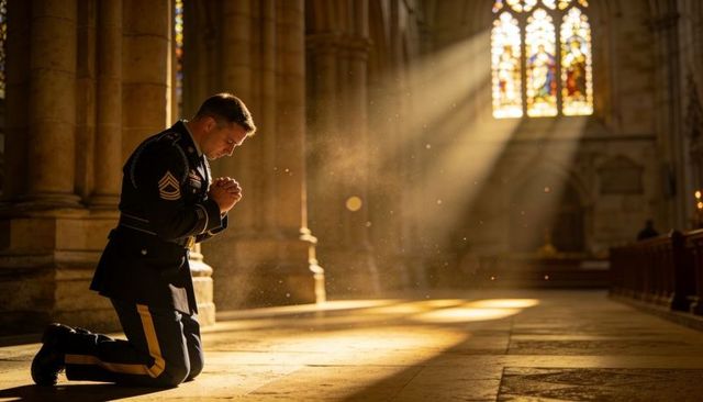 Sergeant kneeling in cathedral sunlight praying in dress uniform near stained glass windows