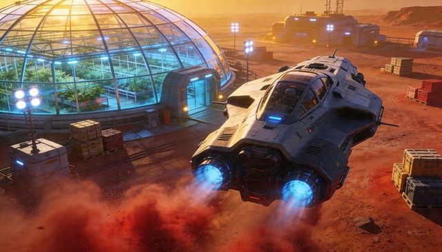 Single-seat craft hovering and firing blue thrusters above Martian outpost greenhouse