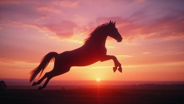 Silhouette of a Horse Leaping at Sunset With Vibrant Sky Hues