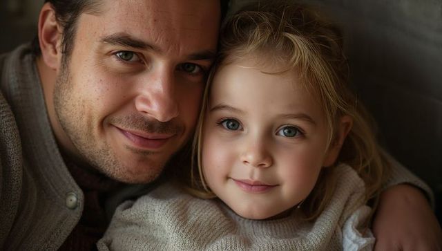 Father and daughter cuddling closeup wearing knit sweaters, warm family bonding portrait
