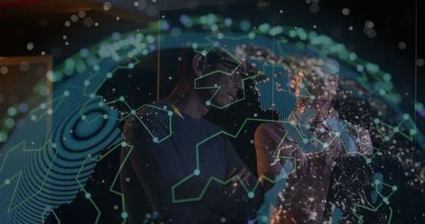 Tech Experts Analyzing Holographic Global Map in Innovation Lab