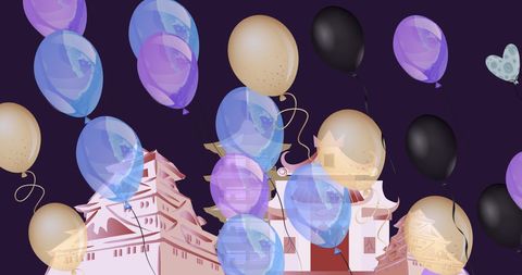 Colorful Balloons Floating Above Ancient Pagoda in Digital Artwork - Download Free Stock Images Pikwizard.com