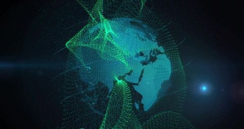 Digital earth globe of particle dots with flowing data ribbons and neon lens flare
