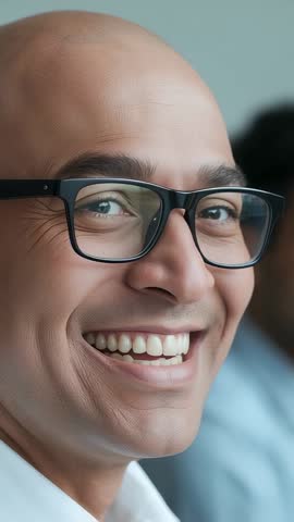 Vertical corporate video showing smiling man in glasses laughing during candid office moment