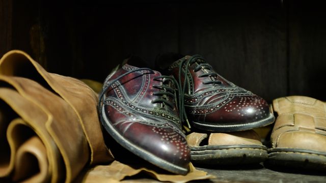 Close up view of pair of brogue shoes. Footwear and fashion concept