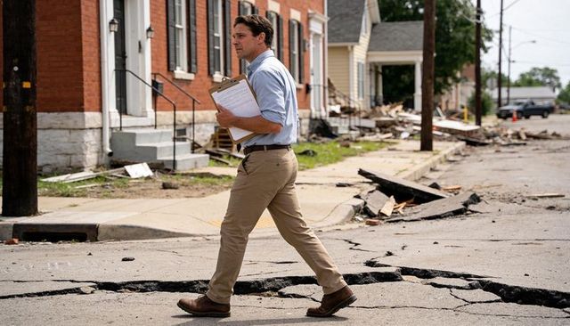 Urban damage inspector crossing cracked street with clipboard assessing disaster debris