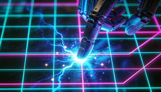 Robotic fingertip activating neon energy node on cyber grid with electric arcs and ai interface