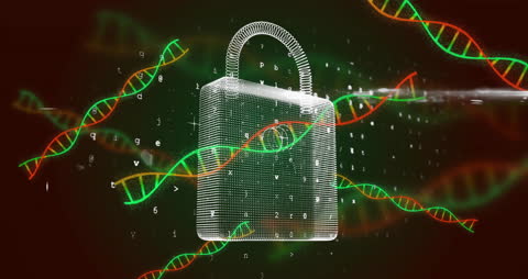 DNA Strands Interlocking Over Digital Padlock